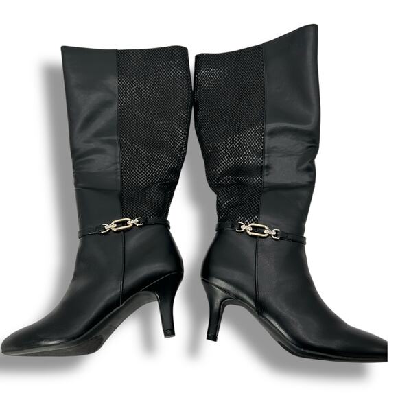 NEW Karin Scott Tall Boots Size 5 Black Buckled Knee High Dressy High Heel NWT - Picture 3 of 7
